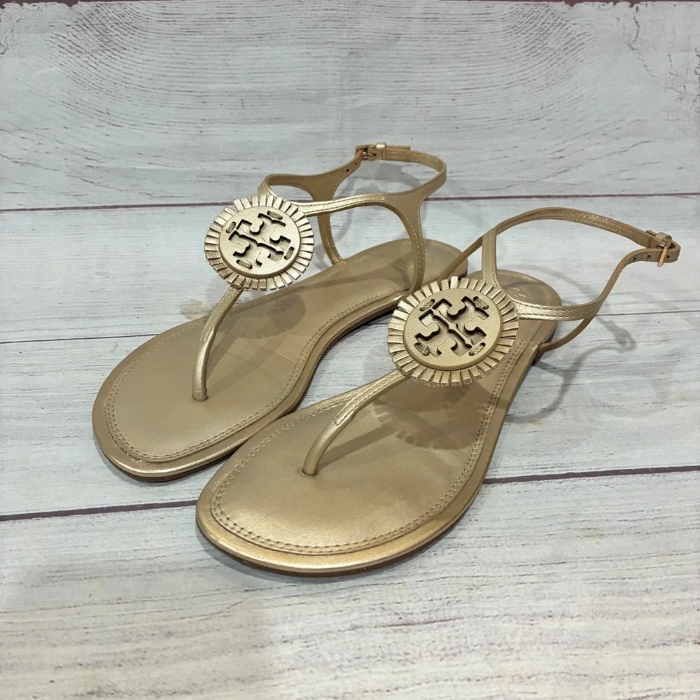 Tory Burch Miller Fringe Sandals Womens 7.5 Gold Metallic Logo Flat Leather